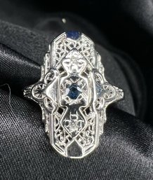 14k White Gold Art Deco Open Filigree Shield Ring Size 8