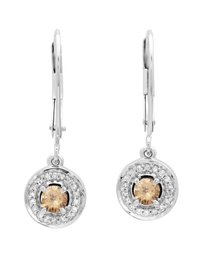 14K Round Champagne & White Diamond Halo Drop Earrings 1/2 CT, White Gold