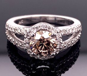 14k White Gold 1 Carat Champagne And White Diamond Ring Size 5