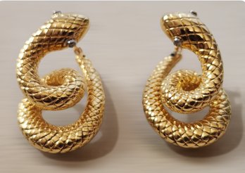 Antique Victorian 14k Diamond Eyes Coiled Snake Earrings