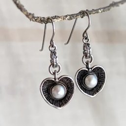 Sterling Silver Israel Designer Artist Signed Heart Drop Earrings