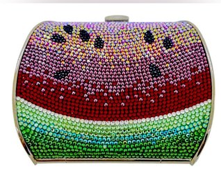 Very Rare Judith Leiber  Swarovski Watermelon Purse Clutch On Metal Strap