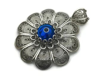 Sterling Silver Large Turkish Flower Evil Eye Pendant