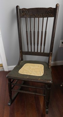 Vintage Rocking Chair - Solid Wood - Caned Seat - Carved Details