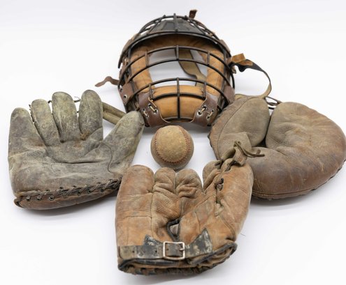 Vintage Baseball Gear - Catchers Mask & Baseball Gloves - RARE