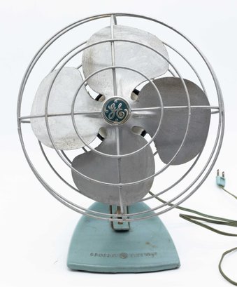 Vintage General Electric Metal Fan In Aqua And White