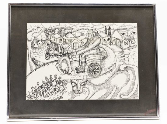 Intricate Pen And Ink Folk Art Drawing Of A Village Scene - Unknown Artist