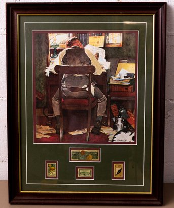 NORMAN ROCKWELL (1894-1978) PRINT TITLED BEATING THE DEADLINE WITH 4 ACCOUNTING THEMED U.S. POSTAGE STAMPS