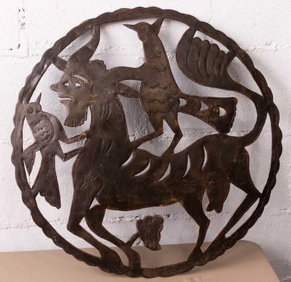 Handcrafted Metal Folk Art Circular Plaque With Goat And Birds