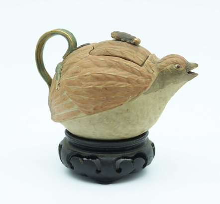 Ntique Japanese Meiji Banko Ware Figural Quail Clay Enamel Teapot