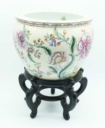 Vintage Floral Planter Jardiniere - Chinese Hand Painting On Porcelain With Koi Fish - With Wood Base