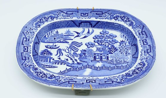 Antique Staffordshire Crown Pottery Ironstone Blue Willow Serving Platter From England - Circa 19th Century