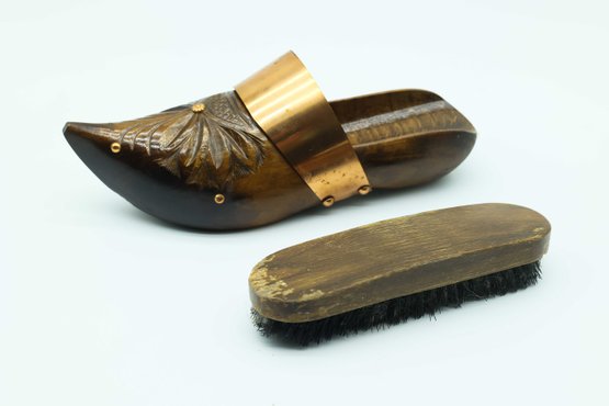 Antique Wooden Hand Carved Clogs With Shoe Brush - Rustic Decor