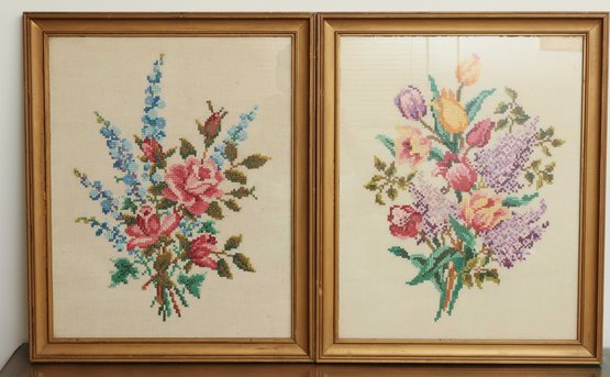 Vintage Crewel Embroidery Art Flowers Lace Matted  - Pair