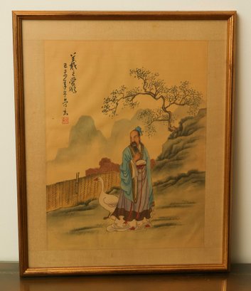 Antique Chinese Watercolor Painting Old Men W/ Goose