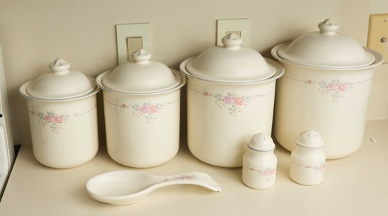 PFALTZGRAFF Vintage Trousseau Stoneware Set Of 4 Canisters W/Lids & Salt Pepper Shakers & Spoon Rest