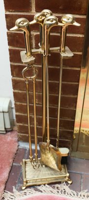 Vintage Brass Mallard Duck Head Fireplace 5 Piece Tool Set- 4 Tools/Stand