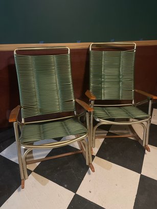 Vintage Folding Telescope Furniture Green Vinyl Strap Rocking Chair Lawn Rocker - Pair