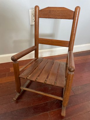 Vintage Rustic Slat Oak Wood Mini Child Doll Rocking Chair Ladder Back Rocker