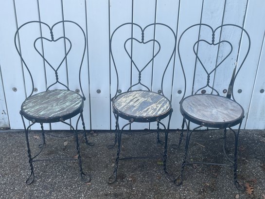 Vtg Wrought Iron Ice Cream Parlor Chair Bar Stool Heart Back Set Of Three