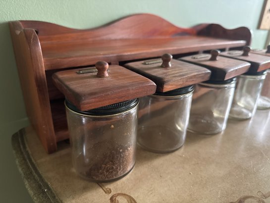 Vintage Wooden Tabacco Rack With Glass Jars And Drawers