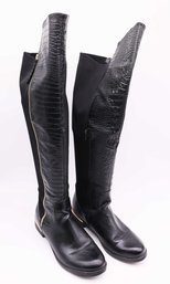 Leather Black Long Boot With Gold Zip  Size 9