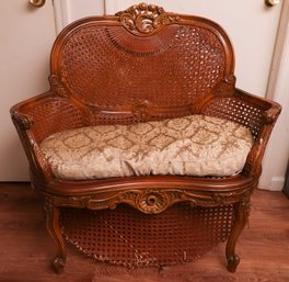 Vintage French Louie XV Style Traditional Victorian Cane Wood Carved Settee Bench Sofa - Repair Needed