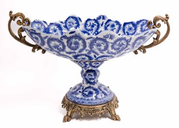 Bronze Mounted Porcelain Centerpiece Bowl White And Blue