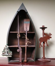 Boat-Shaped Solid Wood Personalized Locker Bookshelf W/ Metal Moss Candle Holder - Please See All Photos