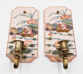 Vintage Chinese Ceramic And Brass Wall Sconces With Mandarin Duck Design