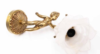 ANTIQUE FRENCH HEAVY GILT BRONZE PUTTI CHERUB WALL LIGHT SCONCE ROSE