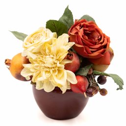 Elegant Artificial Floral And Fruit Arrangement In Burgundy Pot