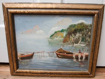 Vintage Nautical Seascape On Canvas Signed By G. Renda -  Painting Ocean And Fishing Boats