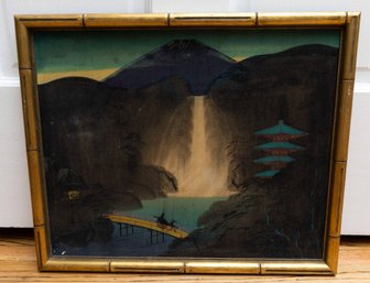 Vintage Painting On Board - Serene Mountain Landscape With Pagoda And Bridge