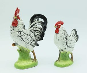 VINTAGE PLYMOUTH ROCK ROOSTER CHICKEN FIGURINE PAIR BLACK WHITE NAPCO NAPCOWARE