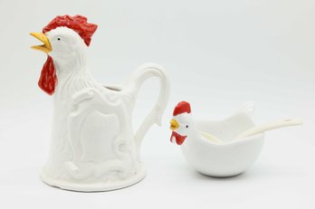 Vintage 9.5'H French Rooster Le Gaulois Ceramic Pottery Pitcher Made In Italy W/ Small Rooster Bowl