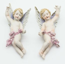 ANTIQUE VINTAGE PORCELAIN BISQUE ANGEL CUPID PAIR WALL HANGING FIGURINE MARKED - 4 Total  - 2 Not Photographed