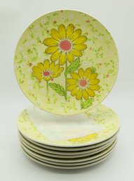 8 Vintage 1970s Mikasa Meadow Song Dinner, Salad Plates And Saucers, Yellow Flowers 70s Mod Floral