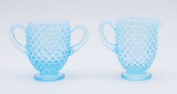 Vintage Fenton Milk Glass Blue Opalescent  Hobnail Sugar And Creamer Set