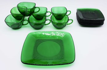 7 Fire King Charm Square Saucer Plates, 7 Teacup Forest Green Glass Emerald, 1 Forest Emerald Dinner Plate