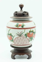 Old Kutani Ceramic Urn/1654 Reproduction Kutani Urn/beautiful Floral Wood Base And Top Kutani Urn