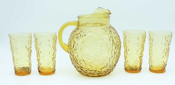 Mid Century Anchor Hocking Milano Lido Honey Gold Pitcher With 4 Glasses