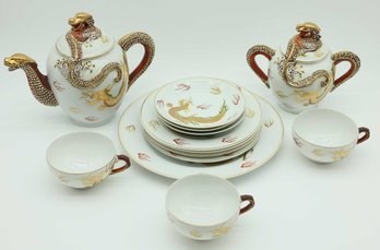 Vintage Japan Dragonware China Tea Set, Lithophane Porcelain Cups, Plates, Dragon Teapot - 13 Pieces
