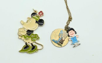 Vintage Enameled Minnie Mouse Large Pendant Necklace & Vintage Peanuts Charms Necklace