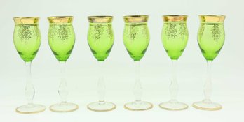 Vintage Murano Green Glass Set Handmade In Murano, Italy W/Gold Rim - 6 Total