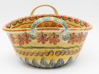 Two Handled Oval Basket Bowl Hand Painted, Made In Italy