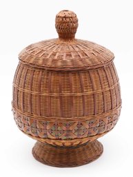 Vintage MCM Round Wicker Lidded Basket, Boho Decor, Mid Century Shanghai Handicrafts,  Rattan