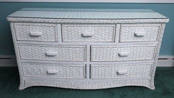 Vintage Rattan/Wicker Six Drawer Dresser W/ Custom Glass Top