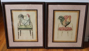 Pair Of Roosters On Chair - Wall Art