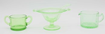 Vintage Heisey Green Glass Mayonnaise Or Whipped Cream Bowl With Ladle - Sugar Bowl & Creamer